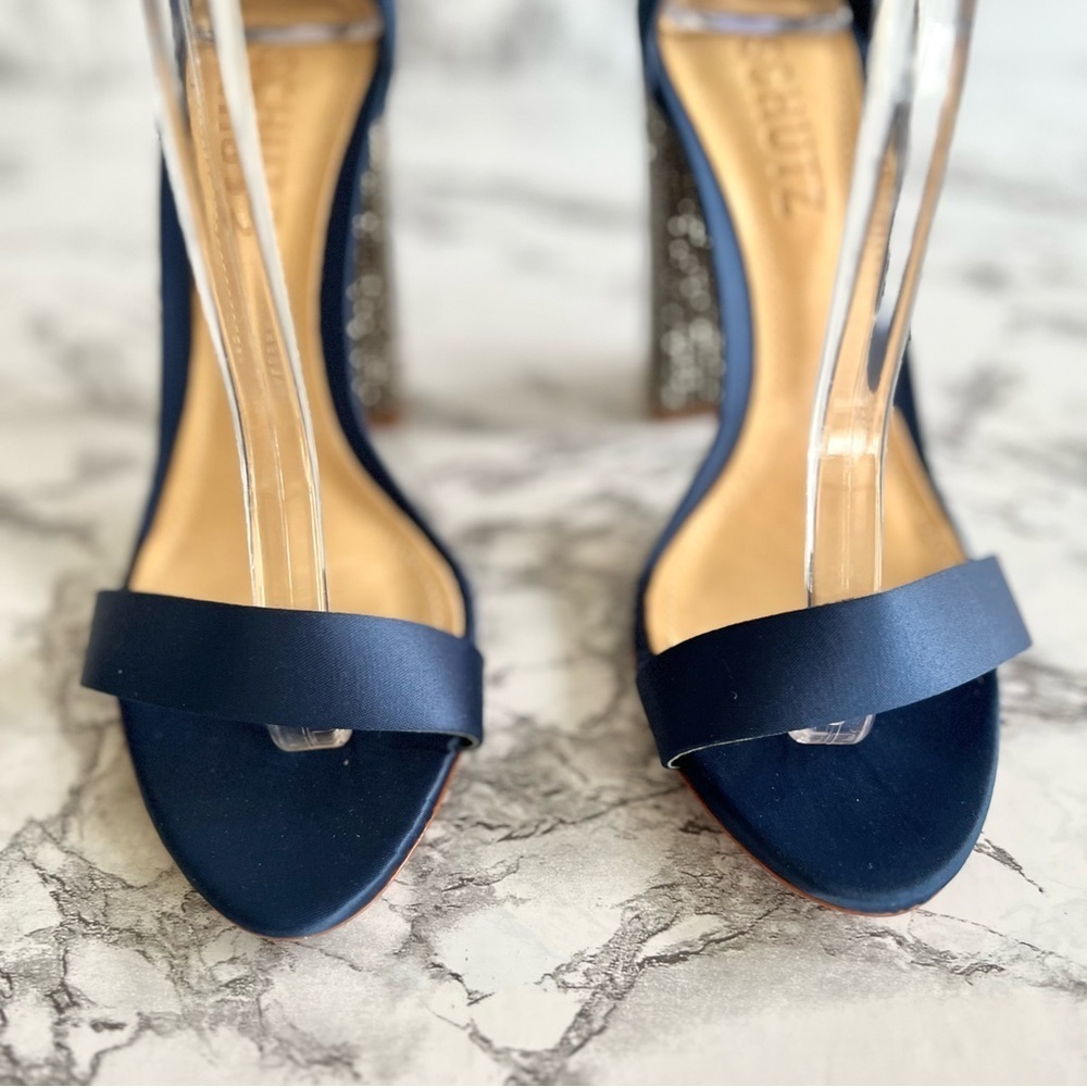 Schutz Hara Sandals Blue Satin Rhinestone Block Heel Ankle Strap 6 Cocktail Glam - Picture 7 of 17